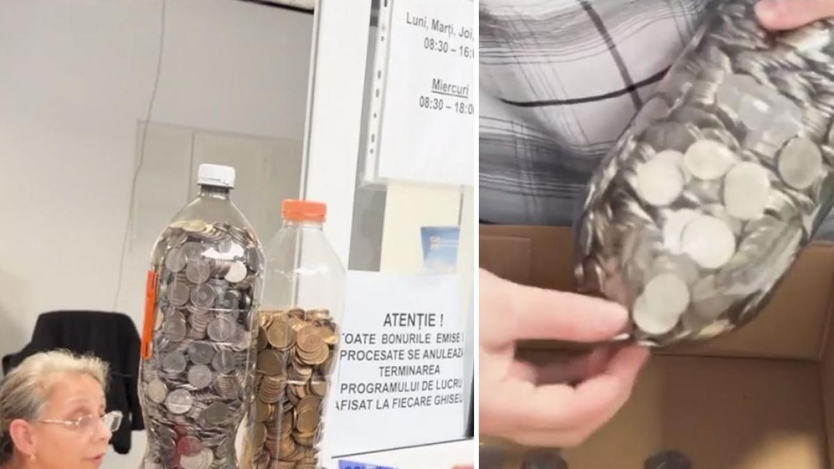 Un barbat din Craiova a venit sa si achite taxele cu 3 kg de monede transportate in sticle de plastic